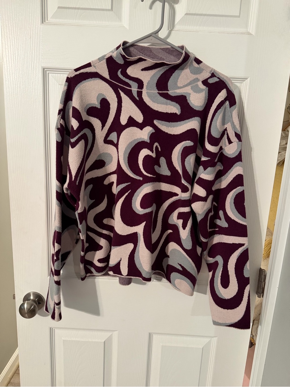 Mauve Bold Abstract Cowl Neck Sweater in Plum and Light Pink